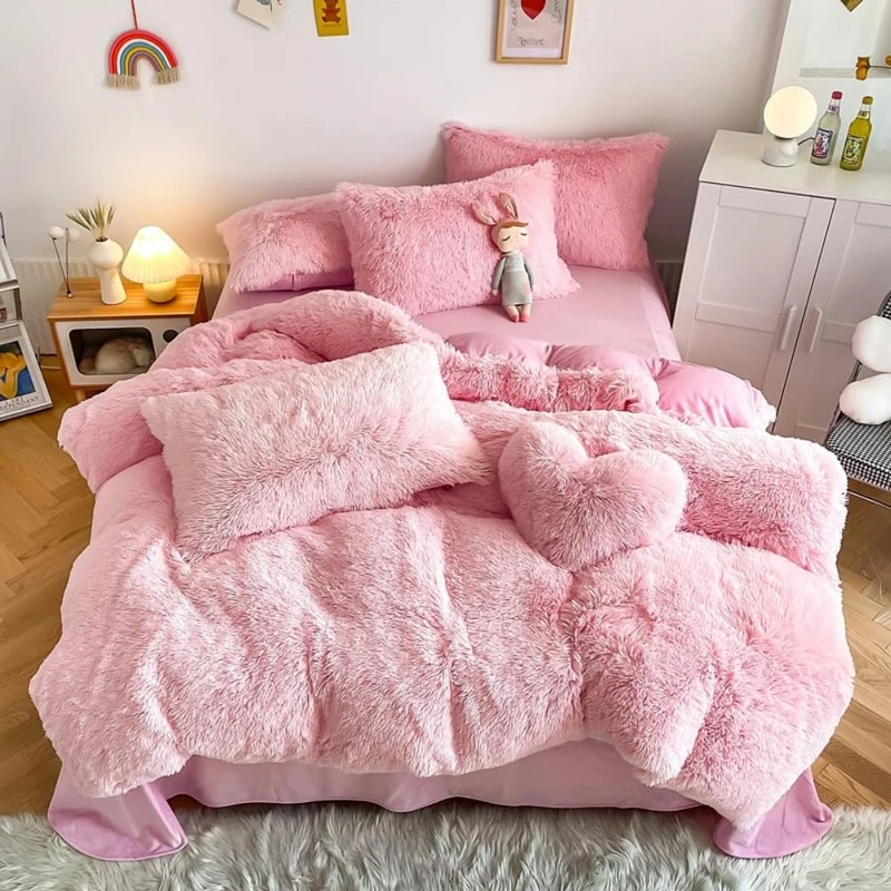 chovy Faux Fur Plush Light Pink Comforter Sets King - Ultra Soft Shaggy Flannel Velvet Fluffy Fuzzy 3PC Bedding Set （Comforter x 1 Pillowcases x 2）