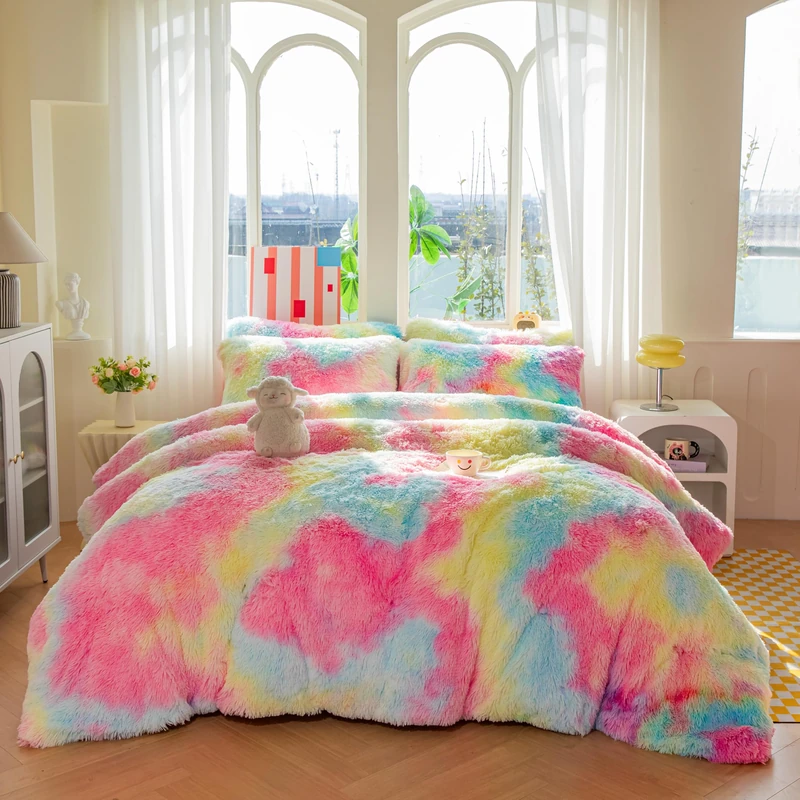 chovy Faux Fur Plush Tie-Dyed Pink Comforter Sets King - Ultra Soft Shaggy Flannel Velvet Fluffy Fuzzy 3PC Bedding Set （Comforter x 1 Pillowcases x 2）