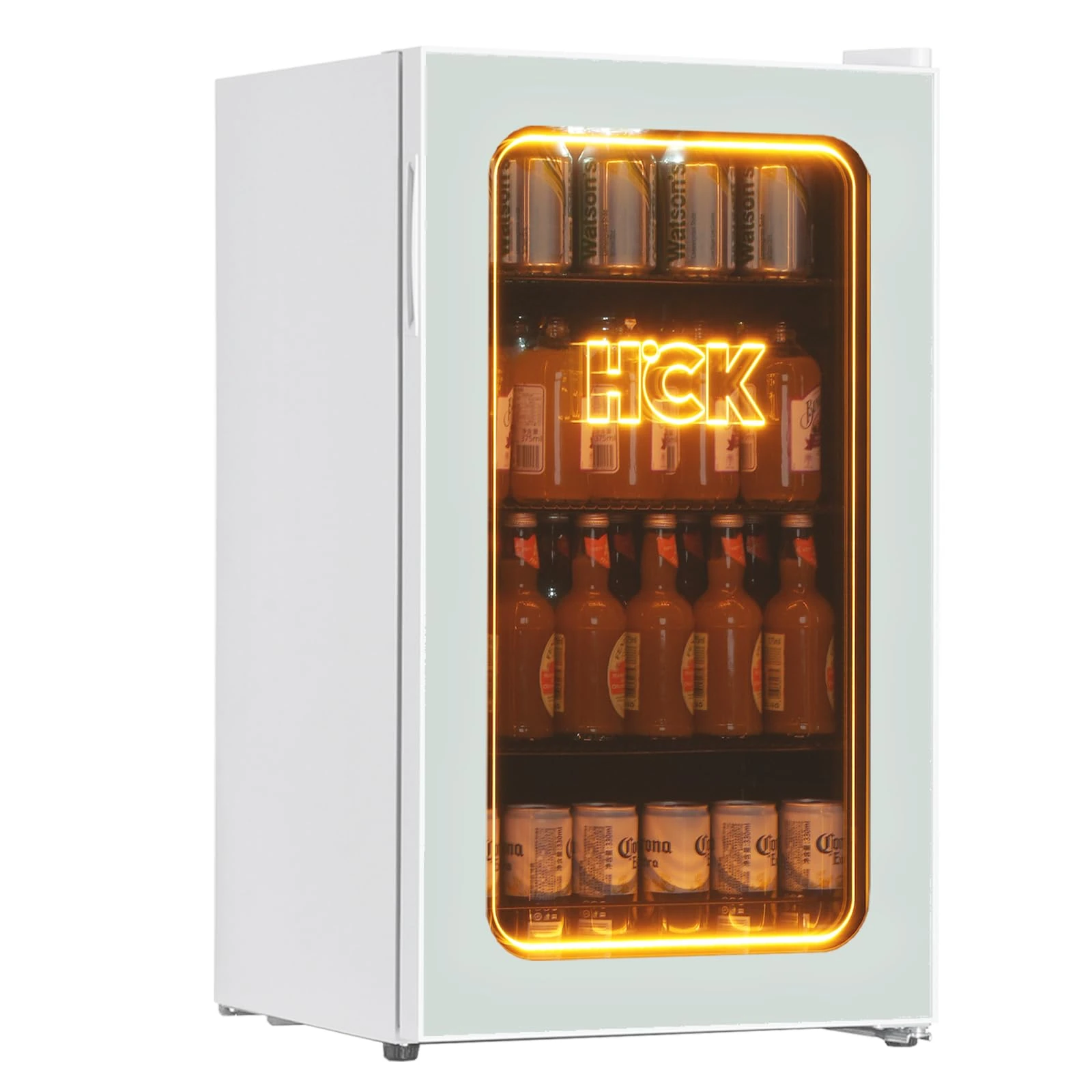 HCK 98L Beverage Fridge Cooler, 3D Orange Light Mini Fridge with Glass Door, 105 Cans Small Refrigerator with Adjustable Shelves for Soda Beer or Wine, Perfect for Home/Bar/Office (White)
