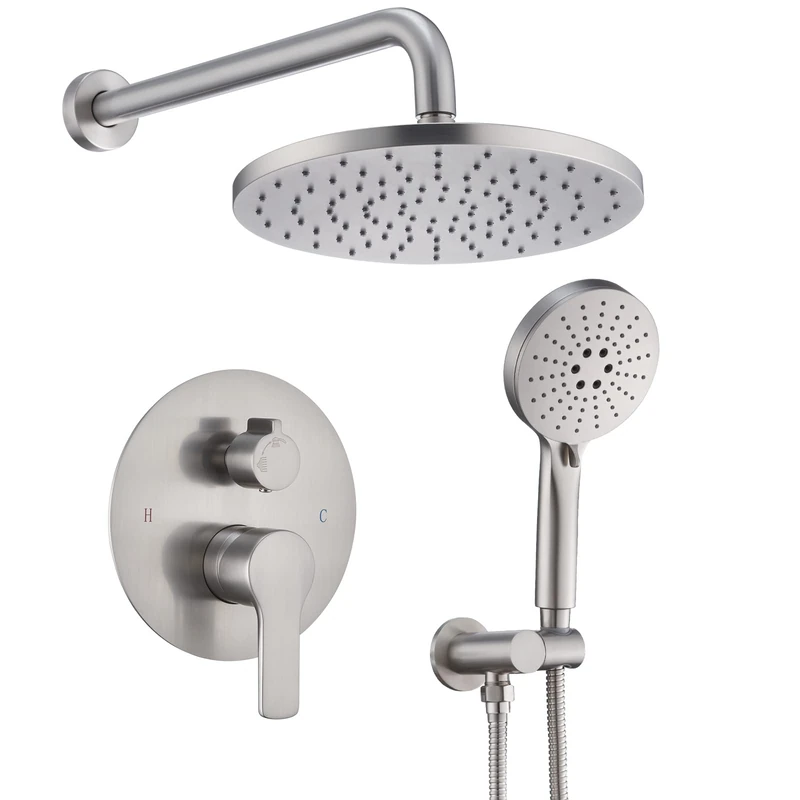 Iriber Shower System Wall Mounted Shower Faucet Set with Luxury High Pressure Shower Head and 3 Stage Handheld Bathroom Shower Panel Set Includes Pressure Balancing Valve Brushed Nickel