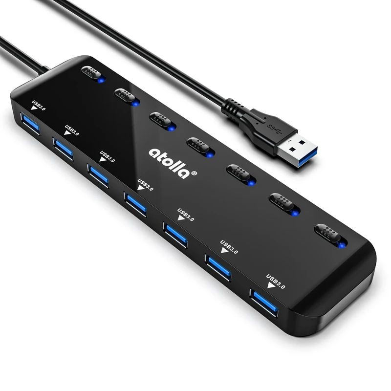 USB HUB, atolla 7-Port USB 3.0 Hub Slim Splitter with 3.82Ft Extended Cable and Individual LED Power Switches, Multi USB Port Extension Data Hub for PC, Laptop, MacBook, etc.