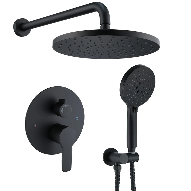 Iriber Shower System Wall Mounted Shower Faucet Mixer Set with Luxury High Pressure Shower Head and 3-Setting Handheld, Bathroom Shower Trim Kit Contain Pressure Balance Valve, Matte Black