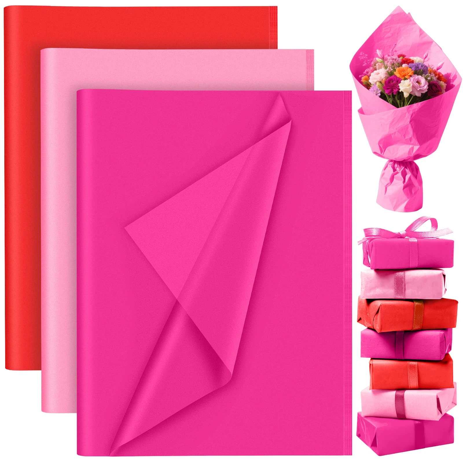 PLULON 60 Sheets Valentine Gift Wrapping Tissue Paper Birthday, Tissue Paper for Home, Kitchen, DIY Crafts, Wrapping Accessory (Red,Pink,Rose Red)