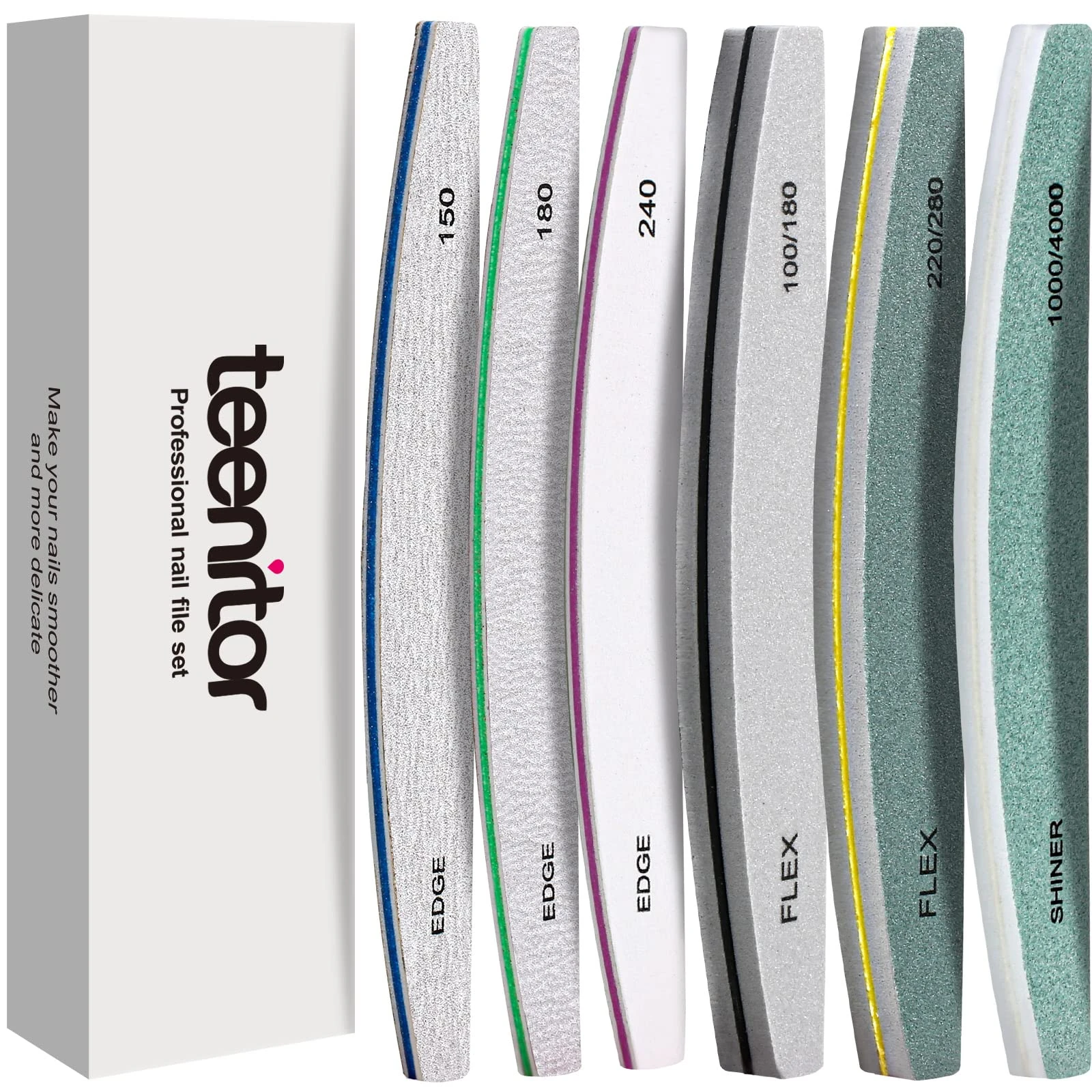 Teenitor Nail File and Buffer Set, 6pcs Nail Buffer Blocks Emery Boards for Nails, Nail Files for Acrylic and Gel Nails, 240 Grit Nail Files Professional for Natural Nails, Nail Filer Half-Moon