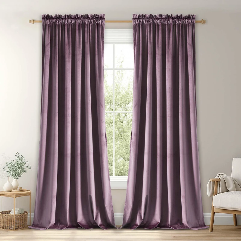 JIUZHEN Lavender Velvet Curtains for Bedroom - 84 inches Thermal Insulated Room Darkening Rod Pocket Blackout Drapes for Ofiice/Closet, Set of 2 Panels with Tiebacks, 60W x 84L