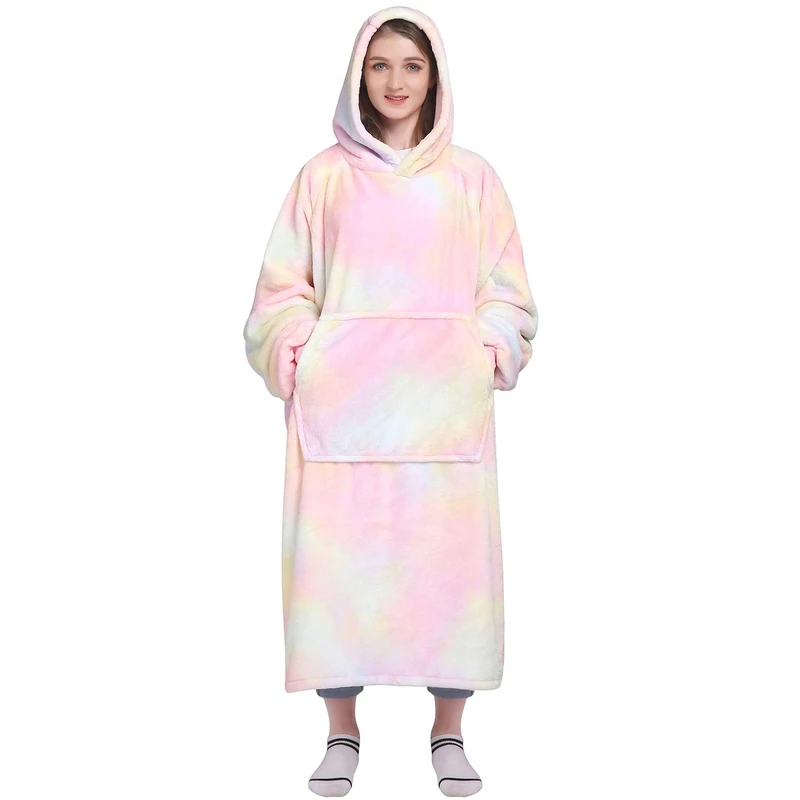 Waitu Wearable Blanket Sweatshirt Gifts for Women and Men, Super Warm and Cozy Blanket Hoodie, Thick Flannel Hoodie Blanket with Sleeves and Giant Pocket, Blanket Robe for Adults and Kids - Rainbow