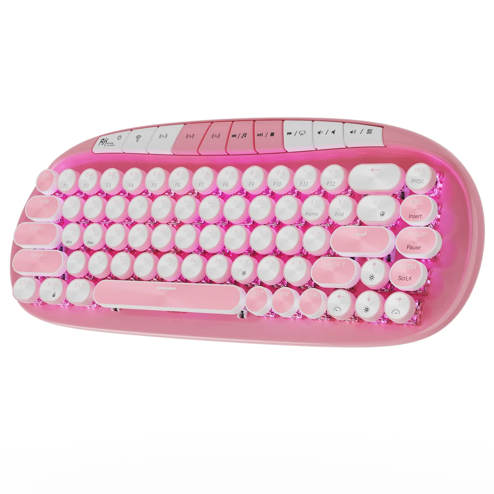 RK ROYAL KLUDGE RK838 Pink Wireless Keyboard, Retro Typewriter Keyboard BT/2.4G/Wired Mode, 75% RGB Hot Swappable Gaming Keyboard with Round Keys 10 Buttons, Pink Switches
