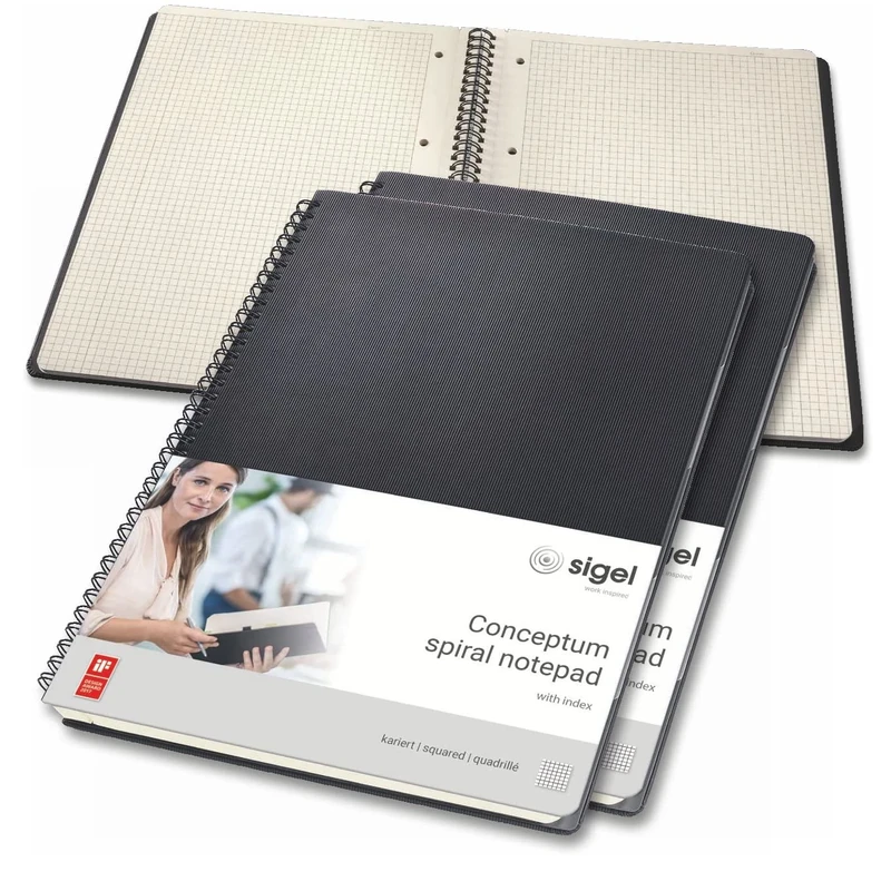 SIGEL CO840 Spiral Notepad, with Index, approx. A4, squaRed, hardcover, Black, 3 Pieces - Conceptum