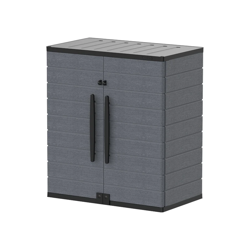 Duramax Cedargrain Short Plastic Vertical Storage Cabinet, 2 Door Cabinet with 2 Shelves, Garden Storage Cupboard, Outdoor Lockable Storage, Water Resistant Short Cupboard, Garden Storage Unit, Grey