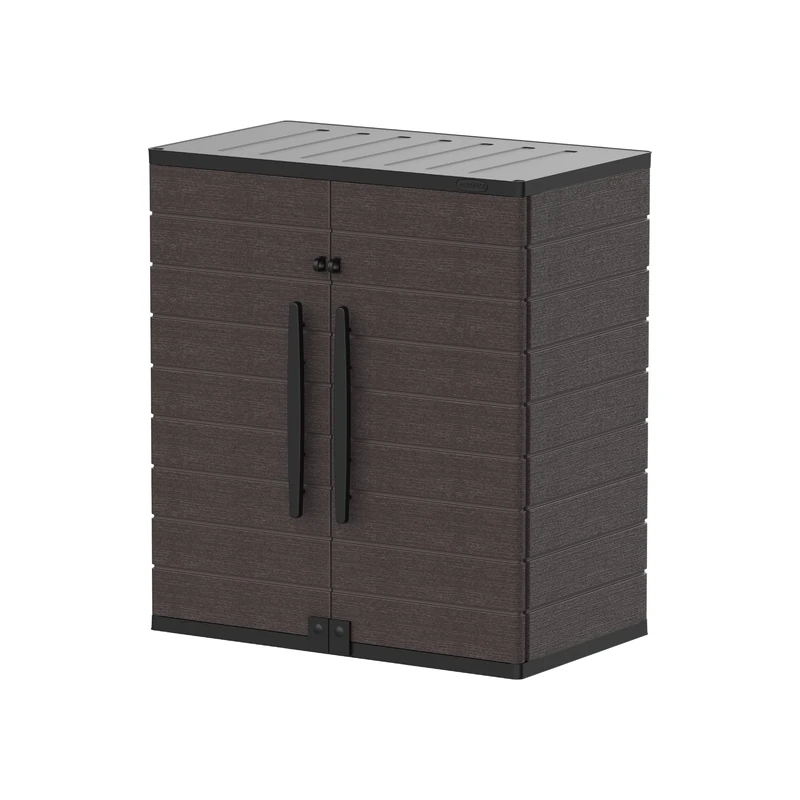 Duramax Cedargrain Short Plastic Vertical Storage Cabinet, 2 Door Cabinet with 2 Shelves, Garden Storage Cupboard, Outdoor Lockable Cabinet, Garden Storage, Brown