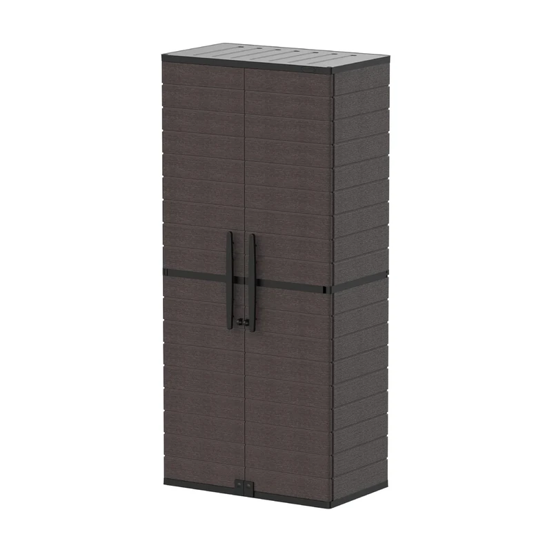Duramax Cedargrain Tall Plastic Vertical Storage Cabinet, 2 Door Cabinet with 4 Shelves, Garden Storage Cupboard, Outdoor Lockable Cabinet, Water Resistant Short Cupboard, Garden Storage Unit, Brown