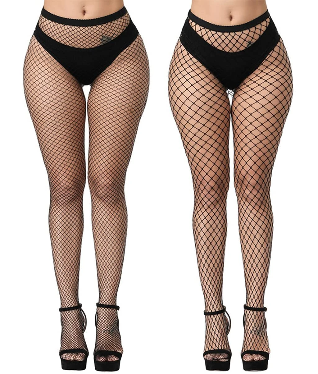 E-Laurels Womens High Waist Patterned Fishnet Tights Suspenders Pantyhose Thigh High Stockings Black, Black Fishnet Tights 2 PCS M+L, One Size