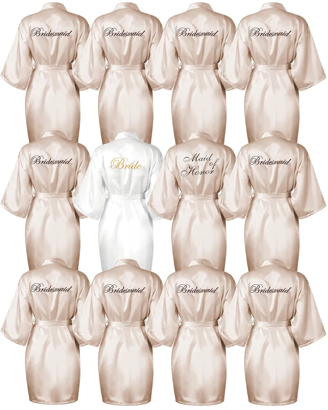 Jecery 12 Pcs Bridesmaid Robes Bride Kimono for Wedding Day Satin Embroidered Bridal Party Robes, White and Champagne, One Size