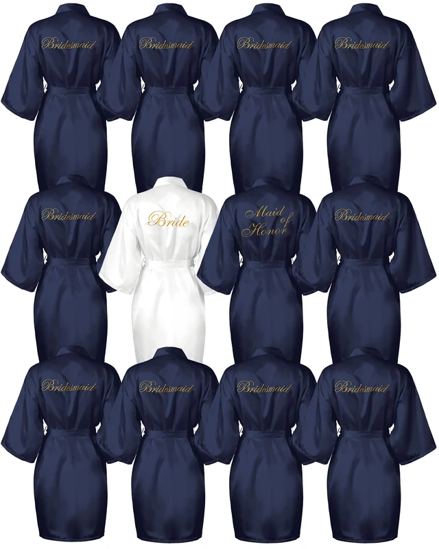 Jecery 12 Pcs Bridesmaid Robes Bride Robe for Wedding Day Satin Kimono Robe for Bridesmaid Embroidered Bridal Party Robes, White and Navy Blue, One Size
