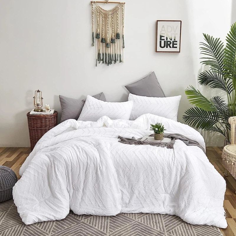 Houseri California King Comforter Set White Boho Tufted Jacquard Bedding Sets Cal King Women Solid White Shabby Chic Comforters Men Modern Soft Comfy Plain White Farmhouse Tassels Bed Quilt King Plus