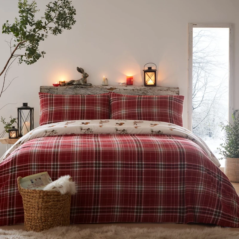 Dreams & Drapes - Red Flannelette & Woodland Animals Duvet Cover - Super King Bedding Size (260 x 220cm) - Soft 100% Brushed Cotton - Reversible Design - Fox, Rabbit & Bird Duvet Cover in Natural