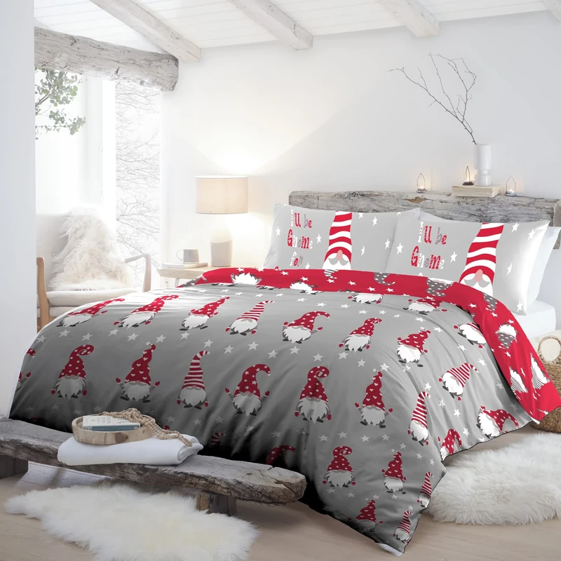 Fusion Christmas Gonk Duvet Cover Set – Super King Size (260 x 220cm) – 100% Cotton – Reversible Red & Grey – 2 Pillowcases Included – Festive Gnome Bedding – Soft Christmas Quilt Cover