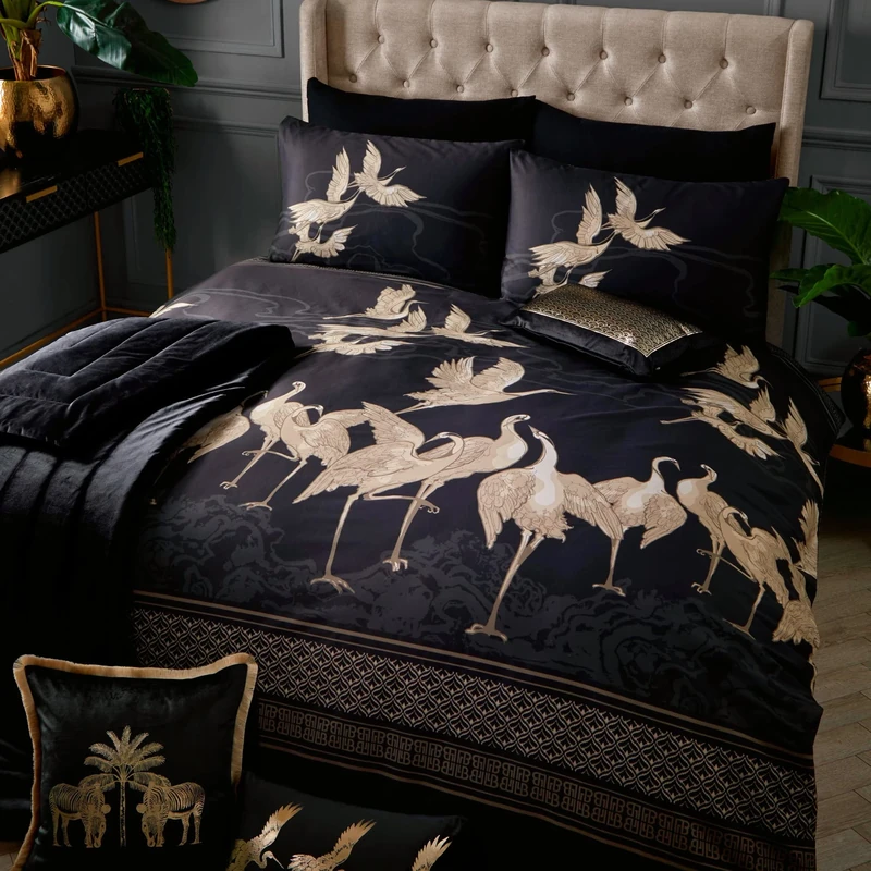Laurence Llewelyn-Bowen - Oriental Crane Bird Duvet Cover - Super King Bedding Size (260 x 220cm) - Soft 100% Cotton - 2 Pillowcases - Designer Luxury Bedding Set - Black Duvet Cover with Birds