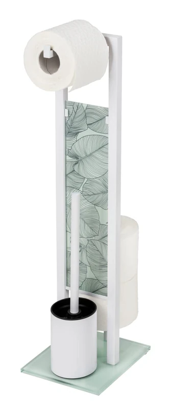 WENKO Stand Rivalta Samoa Freestanding Toilet Brush and Toilet Brush and Spare Roll Holder, Lacquered Steel, Safety Glass Panels, 18 x 70 x 23 cm, White/Satin/Black