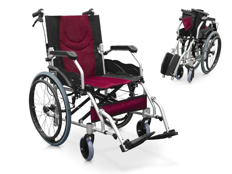Quirumed - PRO Light Aluminium | Lightweight Folding Wheelchair | Fixed Armrests & Folding Footrests | Manual Braking System | Durable Aluminium Structure | Easy Travel Solid Wheels, Black and Red