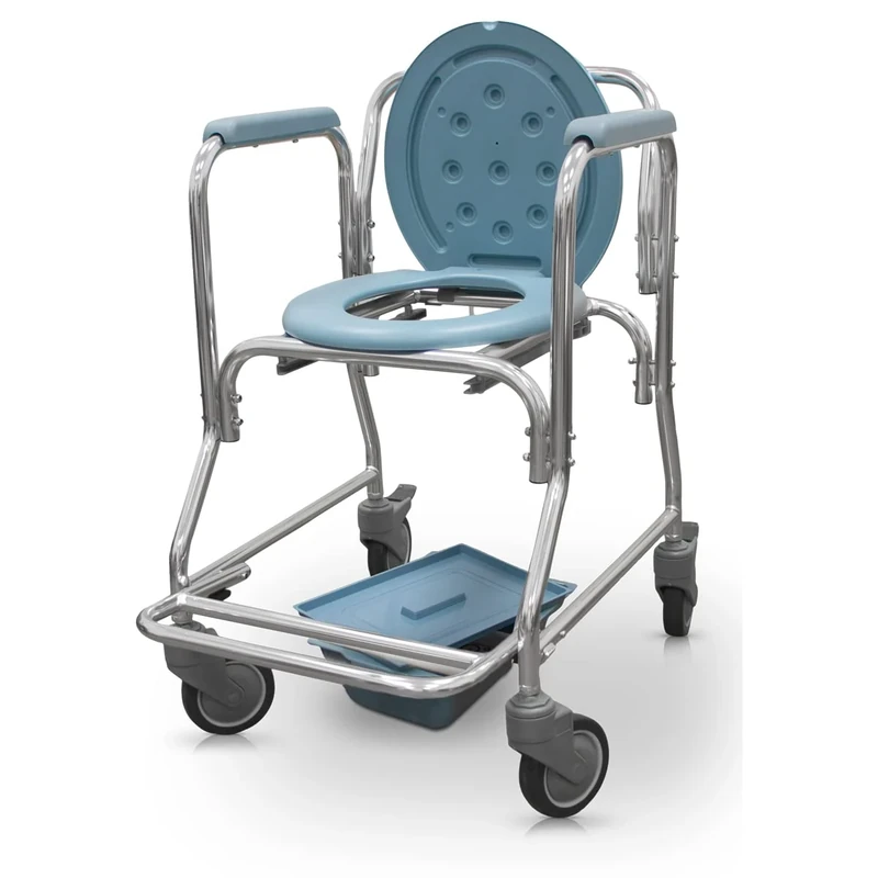 QUIRUMED Toilet Chair with Toilet, Toilet Chair with Wheels, Armrest, with Lid, Removable Toilet, Aluminium, PVC, for Elderly, Disabled Up to 100 kg