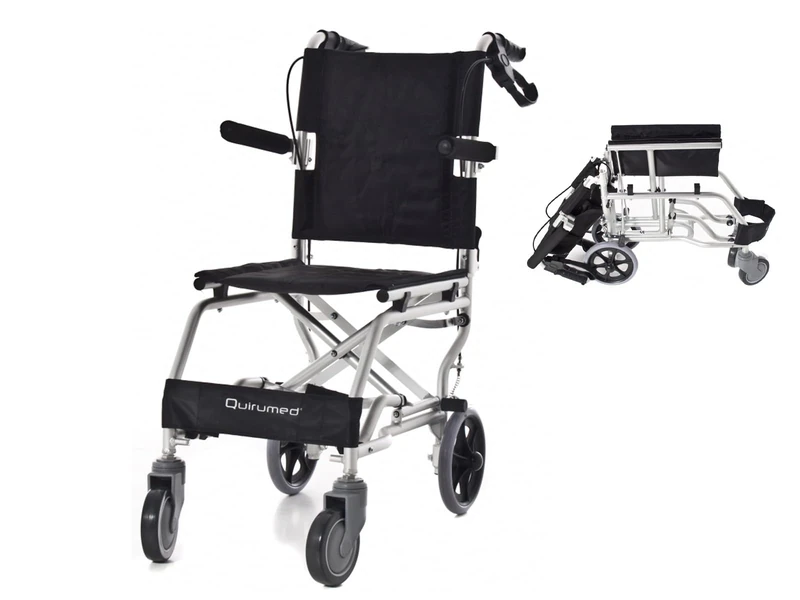 QUIRUMED Aluminium Travel Wheelchair, Transit Wheelchair, Transfer Wheelchair, Seat 36 cm, Lightweight, Foldable, Reclining Armrest and Footrest