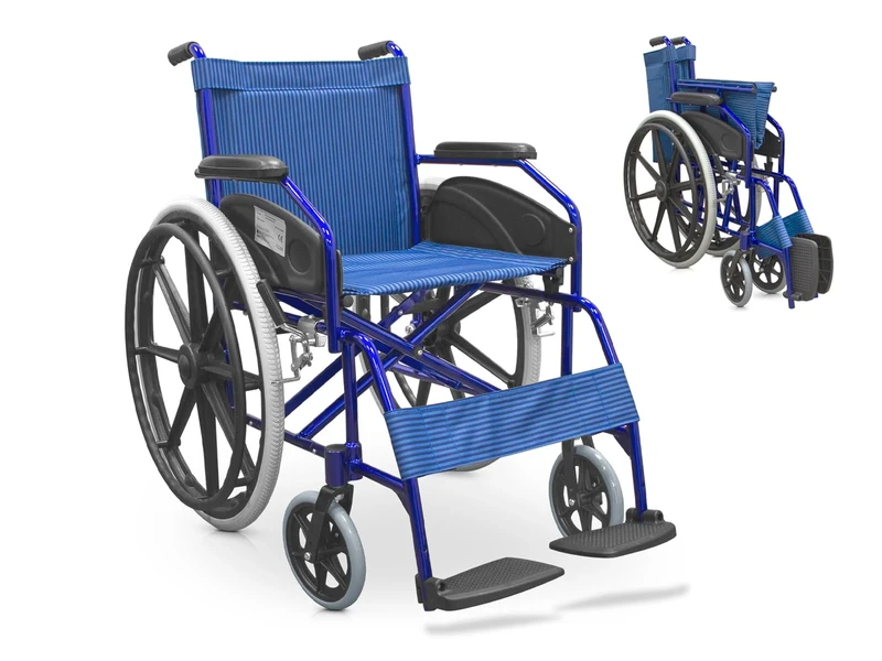 QUIRUMED Easy Ultralight Folding Wheelchair, Aluminium Frame, Lightweight, Compact, Blue, Manual Brake, for The Elderly, for The Disabled