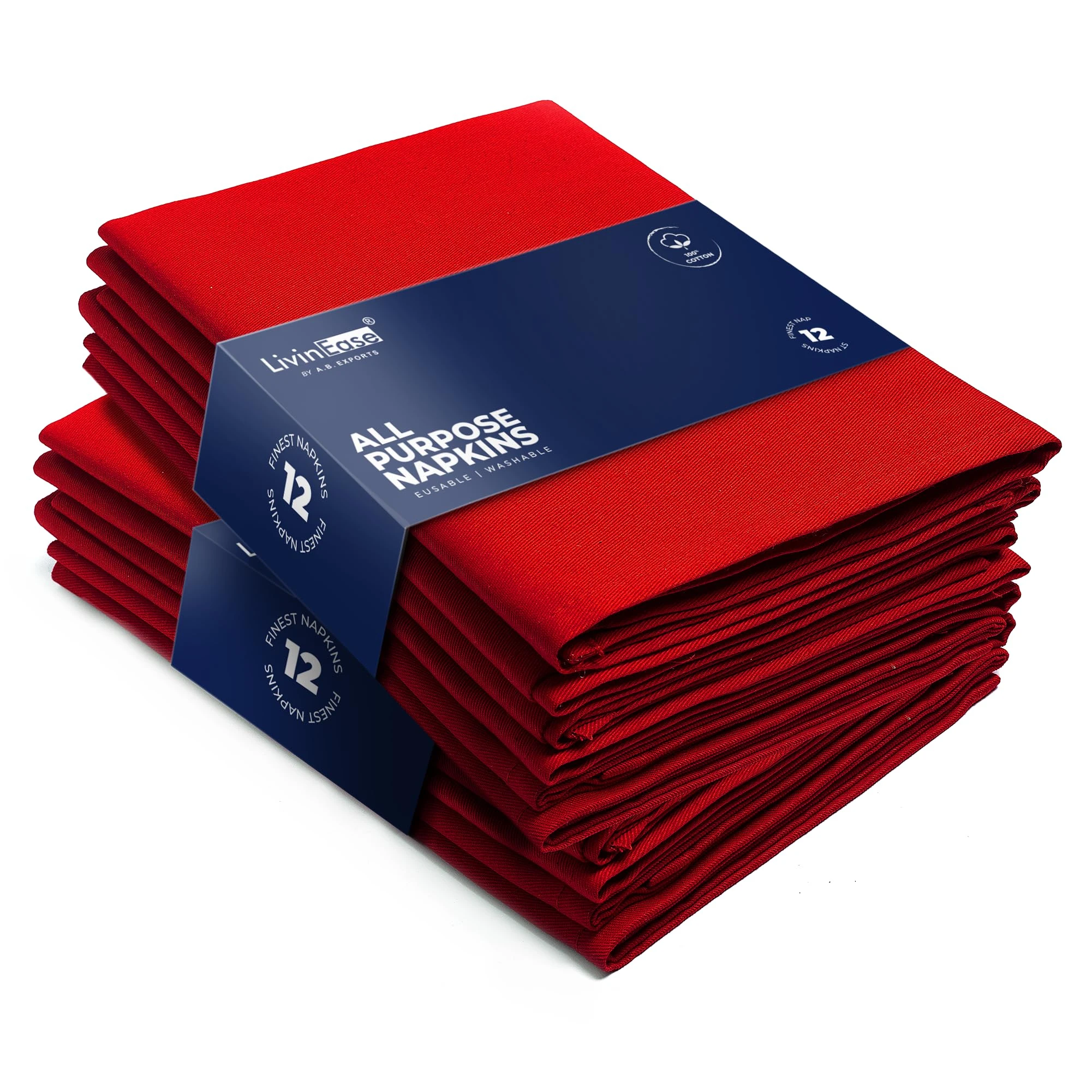 LivinEase Cotton Cloth Napkins - Pack of 12 Red Table Napkins - 100% Cotton Reusable Large Fabric Napkins 46 x 46 cm for Christmas Table (Red)
