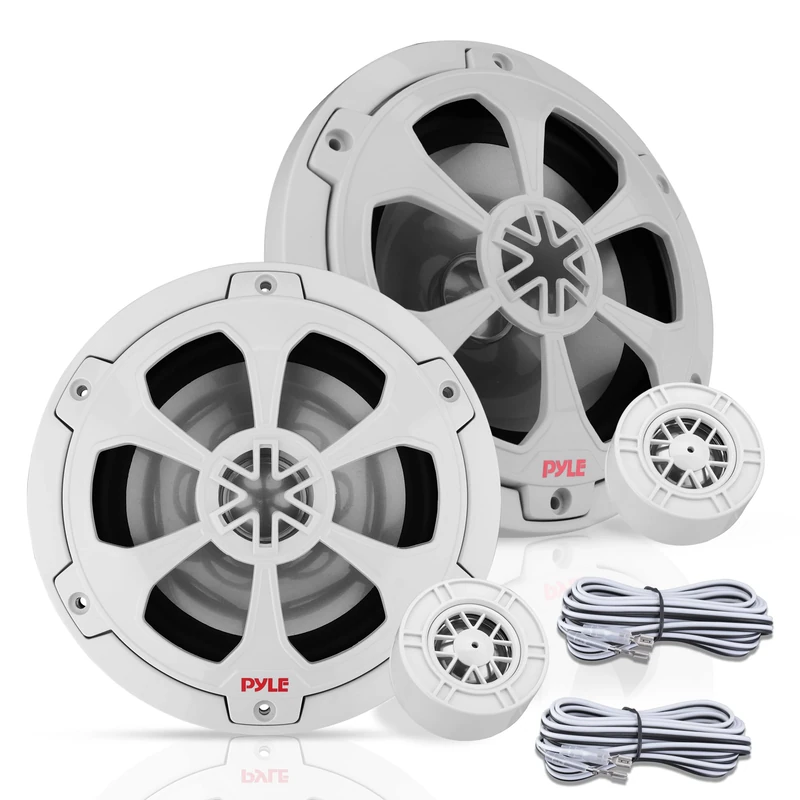 Pyle Two Way Marine Speaker System, One Pair 6.5 inch White Marine Component Speaker, 240 Watts Max Power with 4 Ohm Impedance, Waterproof, Butyl Surround Sound and Surface Mount Capability