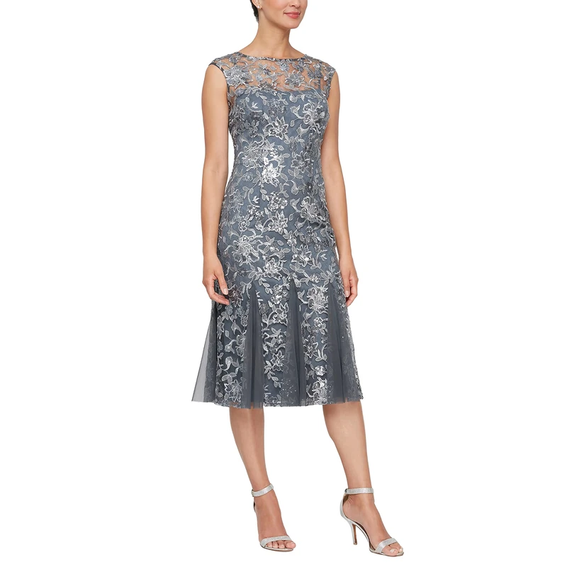 Alex Evenings Women's Short Embroidered Cocktail Dress, Wedding Guest (Petite and Regular Sizes), Pewter, 12