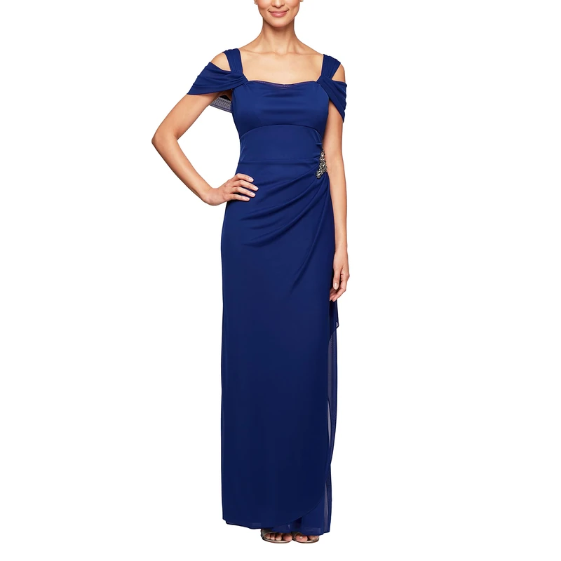 Alex Evenings Women's Long Cold Shoulder Dress (Petite and Regular Sizes) Special Occasion, Beaded Electric Blue, 16