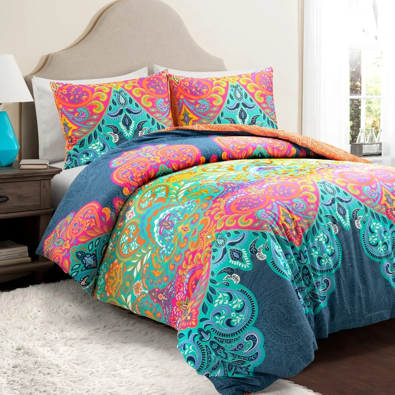 Lush Decor Boho Chic Reversible 3 Piece Cotton Duvet Cover Set, Turquoise & Navy, Full/Queen