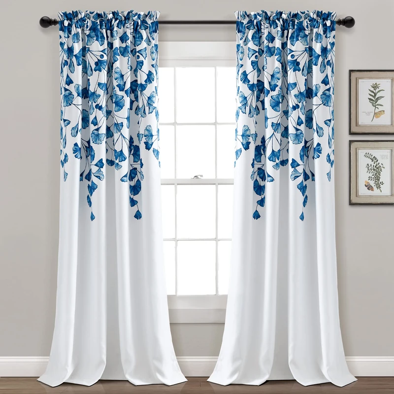 Lush Decor Farmhouse Ginkgo Leaf Light Filtering Window Curtain Panel Pair, 84" L x 52" W, Navy - Image 1