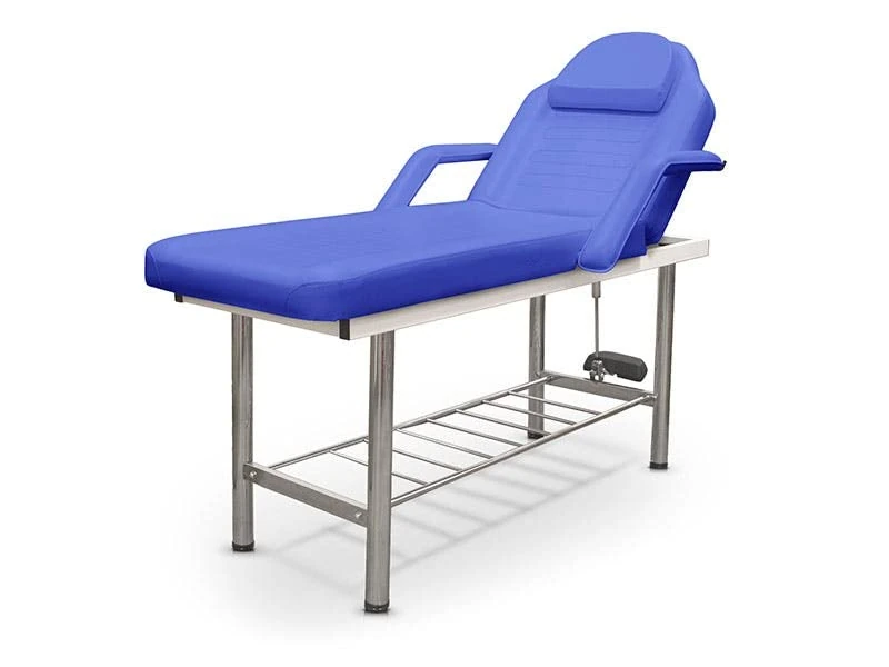 Quirumed Fixed Stretcher 2 Bodies, Chromed Steel, with Face Hole, Detachable Armrests, Blue, Leatherette, Folding Back, Bottom Tray