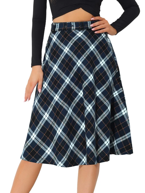 Allegra K Women's Tartan Plaid High Waist Belted Vintage A-Line Midi Skirt, Blue White, L