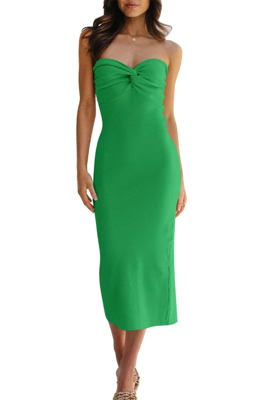 LILLUSORY Knitted Dresses Twisted Front Bodycon Dress with Back Slit, Green, S