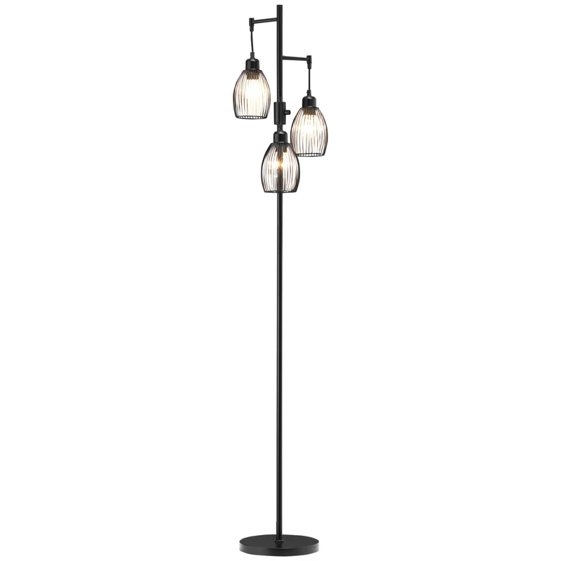 HOMCOM 3-Light Floor Lamp, 170cm Industrial Dimmable Standing Lamp with Steel Wire Cage Lampshades for Living Room, Bedroom, Dining Room, Study, Bulb Not Included, Black