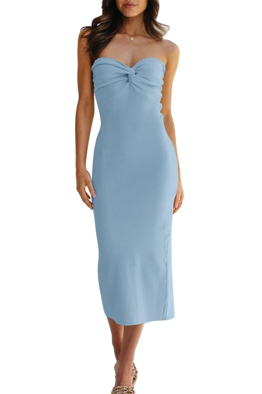 LILLUSORY Knitted Dresses Twisted Front Bodycon Dress with Back Slit, Bkue, S