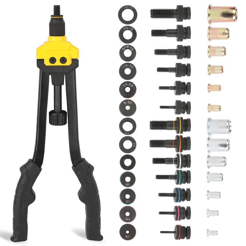 HURRICANE 16” Rivet Nut Tool, Hand Rivet Nut Tool with 13 Metric and SAE Mandrels, 130Pcs Threaded Rivet Nuts, Auto Release Nutsert Rivnut Tool, Durable Riveter Nutsert Hand Tool, Sturdy Plastic Case