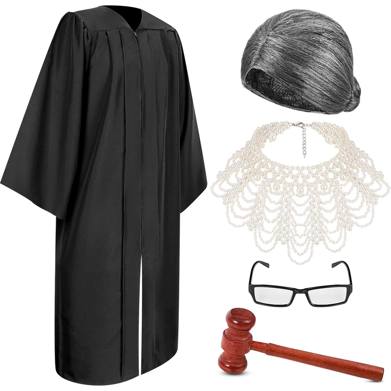 5 Pcs Judge Costume Accessory Set Includes Judge Robe Judge Choker Judge Gray Wig Glasses Frame Wooden Judge Gavel for Halloween Judge Cosplay Party