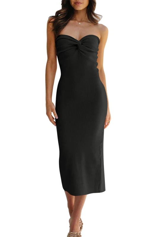 LILLUSORY Women Y2K Sexy Strapless Ribbed Knit Long Sweater Dress Twist Knot Front Tube Bodycon Maxi Dresses, Black, Medium