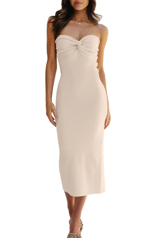 LILLUSORY Knitted Dresses Twisted Front Bodycon Dress with Back Slit, Apricot, L