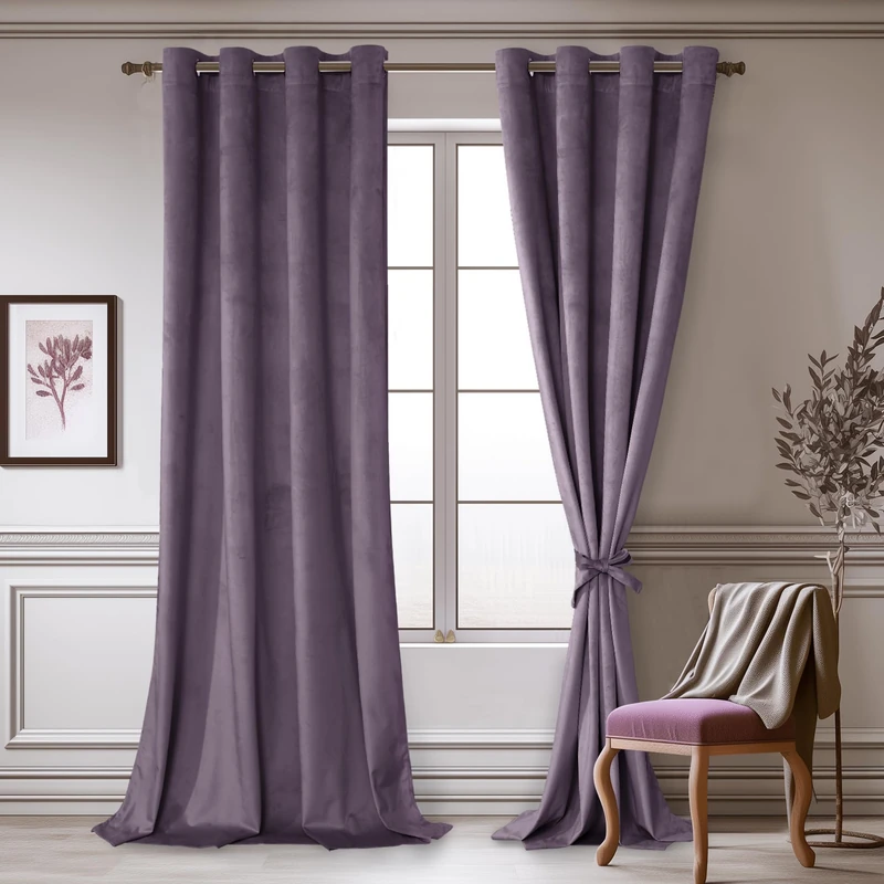 JIUZHEN Super Soft Velvet Blackout Curtains 120 inch, Thermal Insualted Smooth Hand-Feeling Curtains Thermal Insulated Privacy Protection for Parlor Nursery Background, Lavender, 2 Panel with Tiebacks