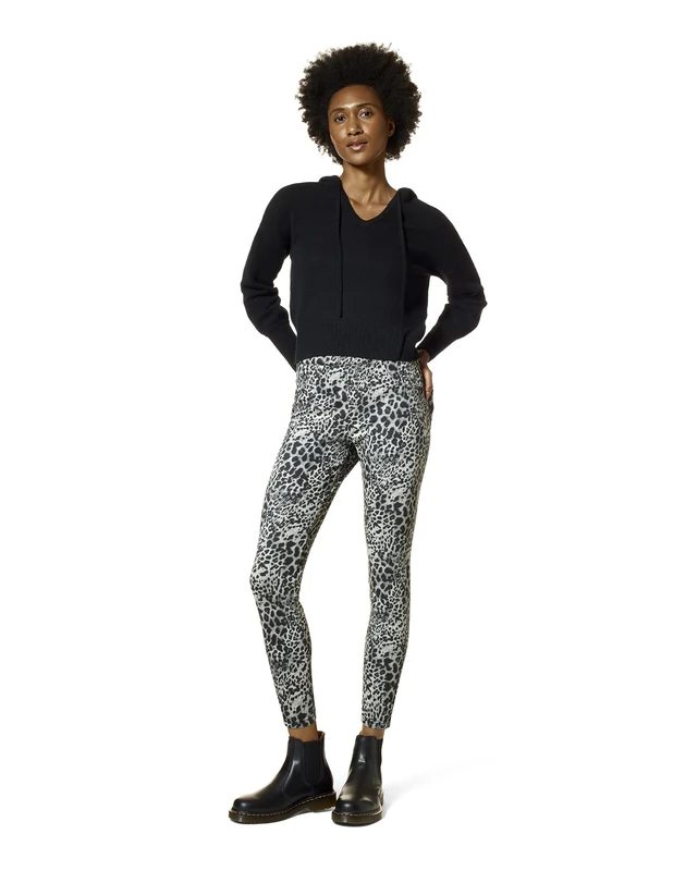 HUE Women's High Rise Denim Legging, Grey - Baby Leopard, M