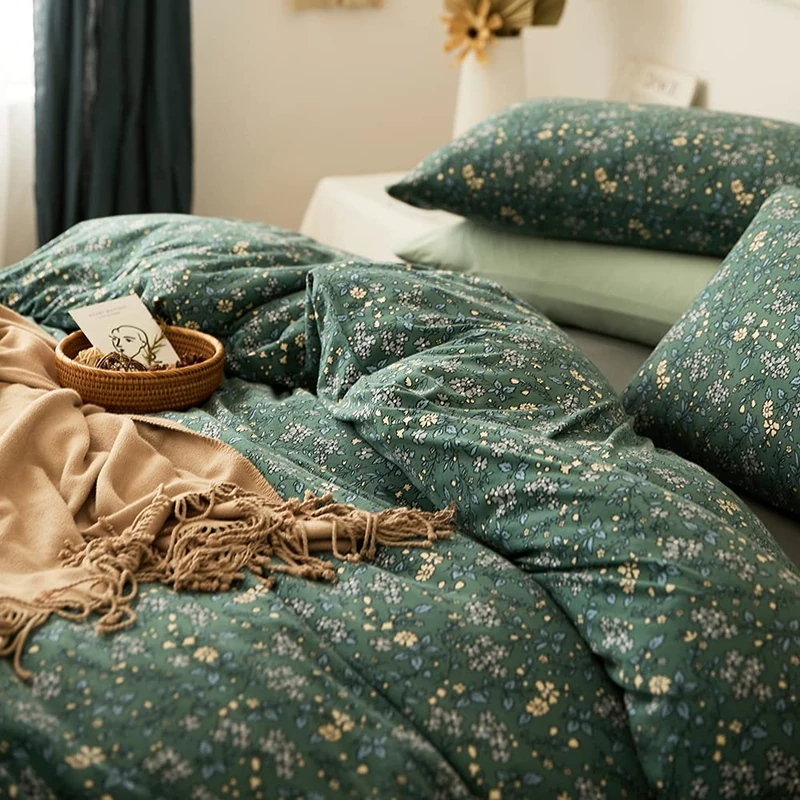 LifeTB Jersey Knit Cotton Duvet Cover Set Twin Size Floral Green 100% Cotton Botanical Bedding Elegant Knit Cotton Duvet Cover Quilt Cover Sham