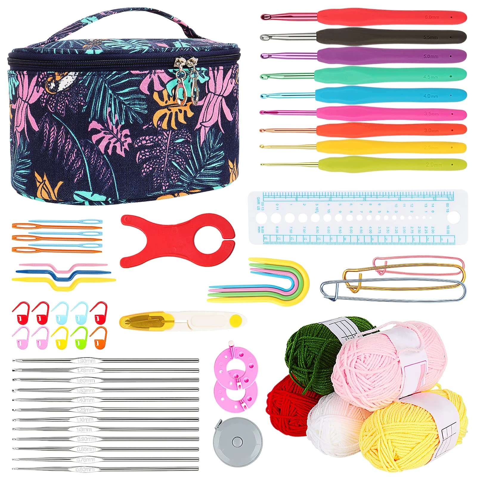 Aeelike Crochet Kit, Crochet Set for Beginners Adults, Crochet Starter Kit with Wool, Ergonomic Metal Crochet Hooks Needles Set 0.6-6.0mm, Accessories and Storage Case, Complete Crochet Kits for Kids