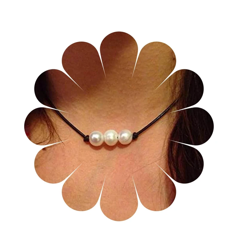 Allereya Triple Pearls Choker Necklace Black Leather Cord Necklace Pearl Beaded Choker Necklace Pearl Leather Necklace Jewelry for Women and Girls (Triple Pearls) - Image 1