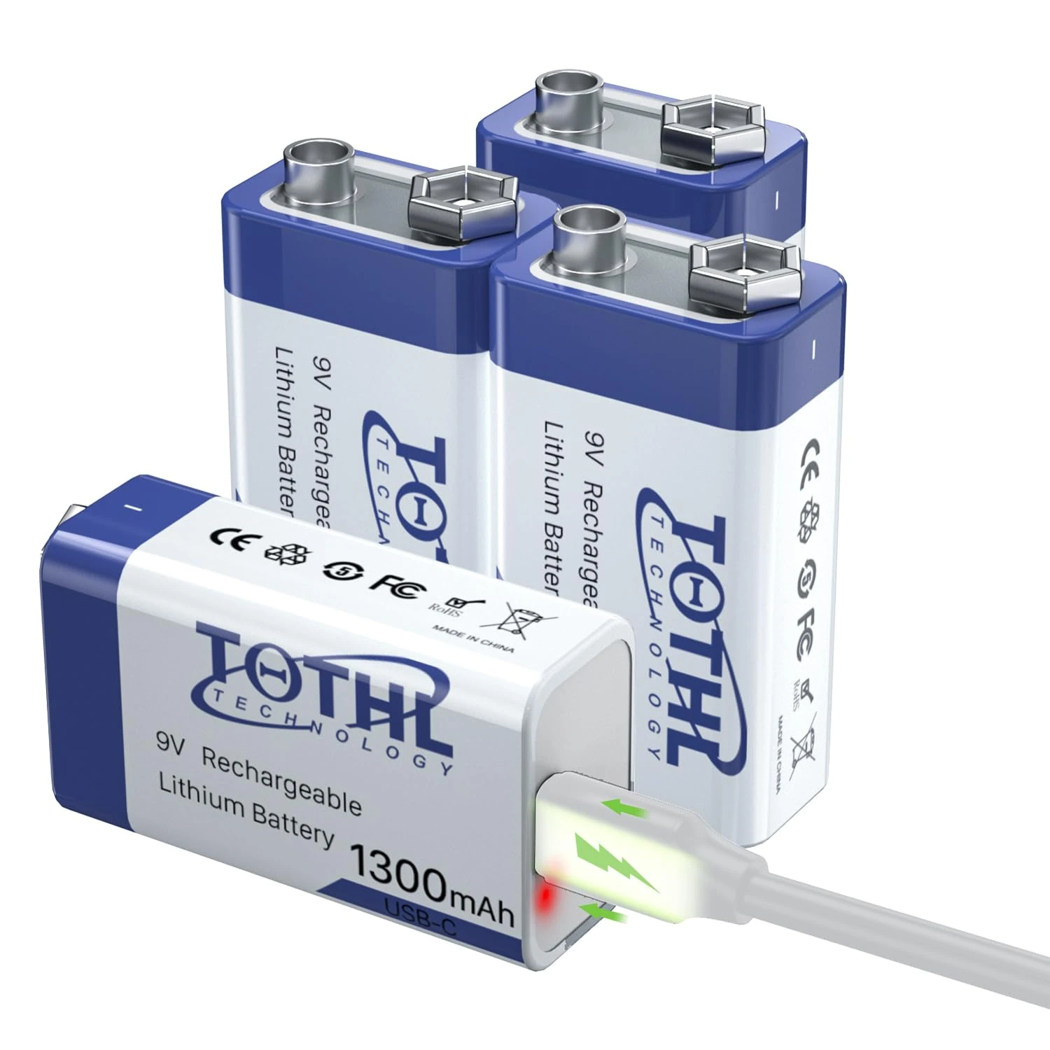 TQTHL 4Packs 9V Rechargeable Battery,USB 9 Volt Lithium Batteries 1300mAh Long Lasting Li-ion 9 Volt Battery for Smoke Alarms, Multimeters, Microphones, walkie-Talkie,Toys,Guitar,Keyboard