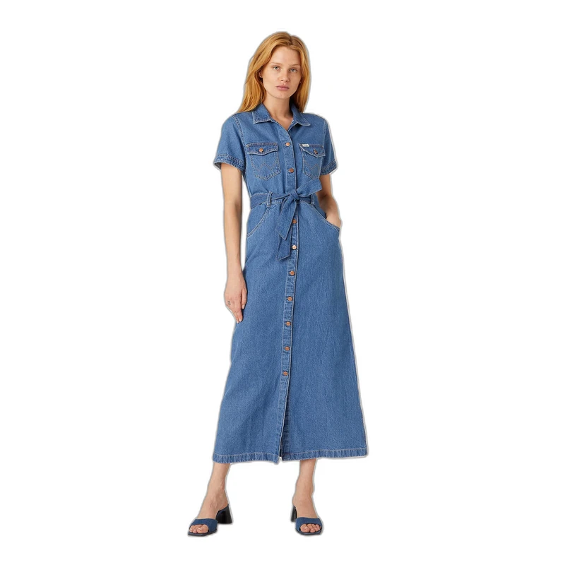 Wrangler Women's Seamed Short Sleeve Dress Casual, Mid Stonewash, XS