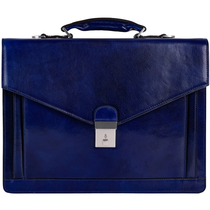 Time Resistance Leather Briefcase - Full Grain Leather Bag for Men - Business Attache - Shoulder Bag for a Laptop (Blue)